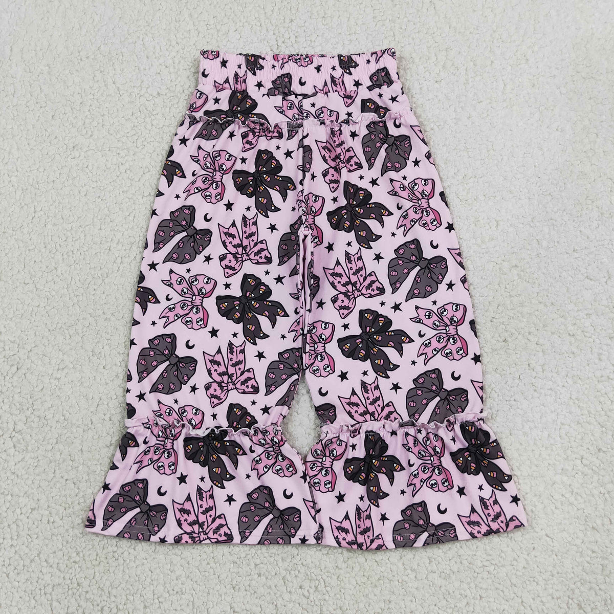 RTS NO MOQ Sibling milk silk Baby Kids Halloween Flare Pants Bow Bat Ghost Pumpkin Leopard Bell Bottom Trousers