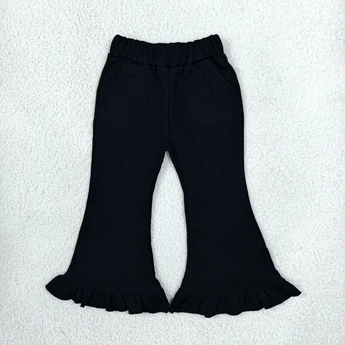 RTS NO MOQ （In stock）fleece P1072 Baby Girls Black Sweater Fabric Ruffle Flare Pants Bottom