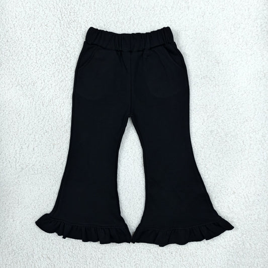 RTS NO MOQ （In stock）fleece P1072 Baby Girls Black Sweater Fabric Ruffle Flare Pants Bottom