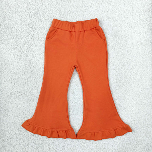 RTS NO MOQ （In stock）fleece P1073 Baby Girls Orange Sweater Fabric Ruffle Flare Pants Bottom