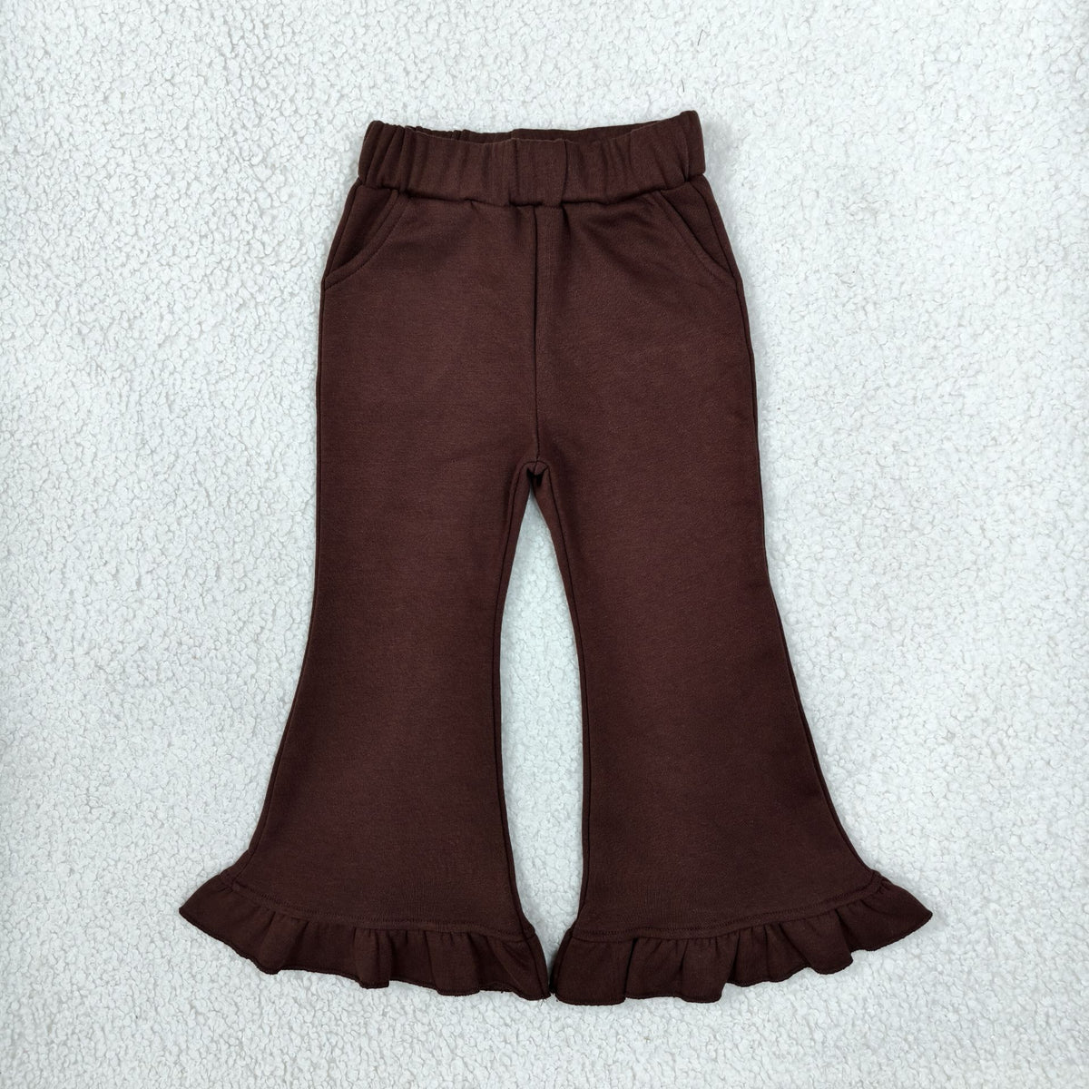 RTS NO MOQ （In stock）fleece P1074 Baby Girls Brown Sweater Fabric Ruffle Flare Pants Bottom Regular price$10.99
