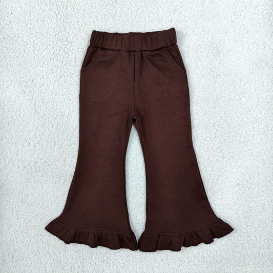 RTS NO MOQ （In stock）fleece P1074 Baby Girls Brown Sweater Fabric Ruffle Flare Pants Bottom Regular price$10.99