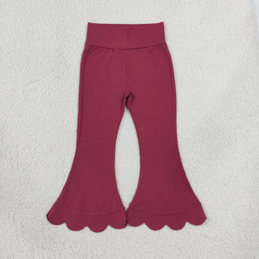RTS NO MOQ （In stock）cotton P1079 Baby Girls Maroon Scallop Flare Pants Bottom