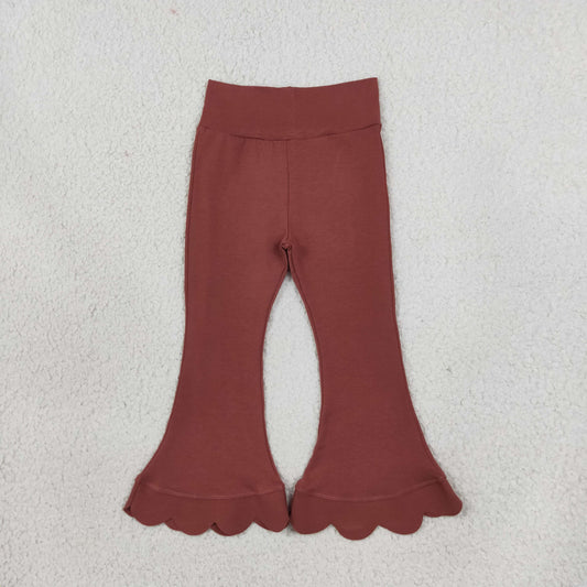 RTS NO MOQ （In stock）cotton P1085 Baby Girls Brown Scallop Flare Pants Bottom