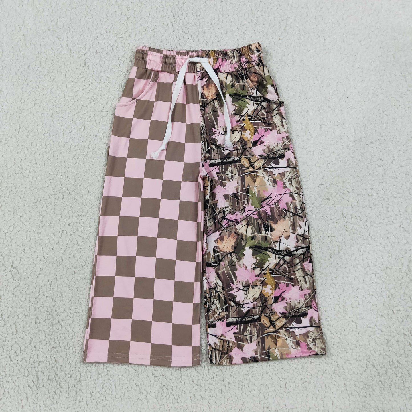 RTS NO MOQ （In stock）P1093 Baby Girls Pink Checked Leaves Pockets Flare Pants Bottom