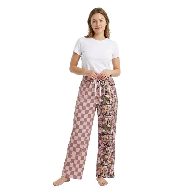 RTS NO MOQ （In stock）milk silk P1094 Adult Women Pink Checked Leaves Camo Flare Pants Bottom