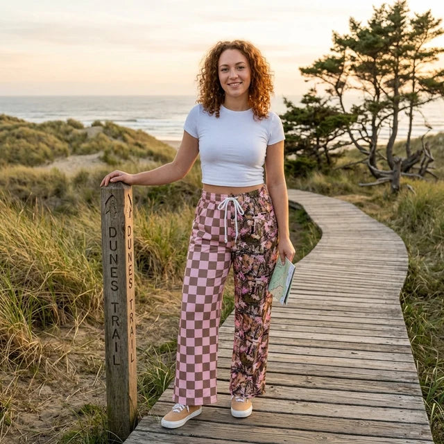 RTS NO MOQ （In stock）milk silk P1094 Adult Women Pink Checked Leaves Camo Flare Pants Bottom