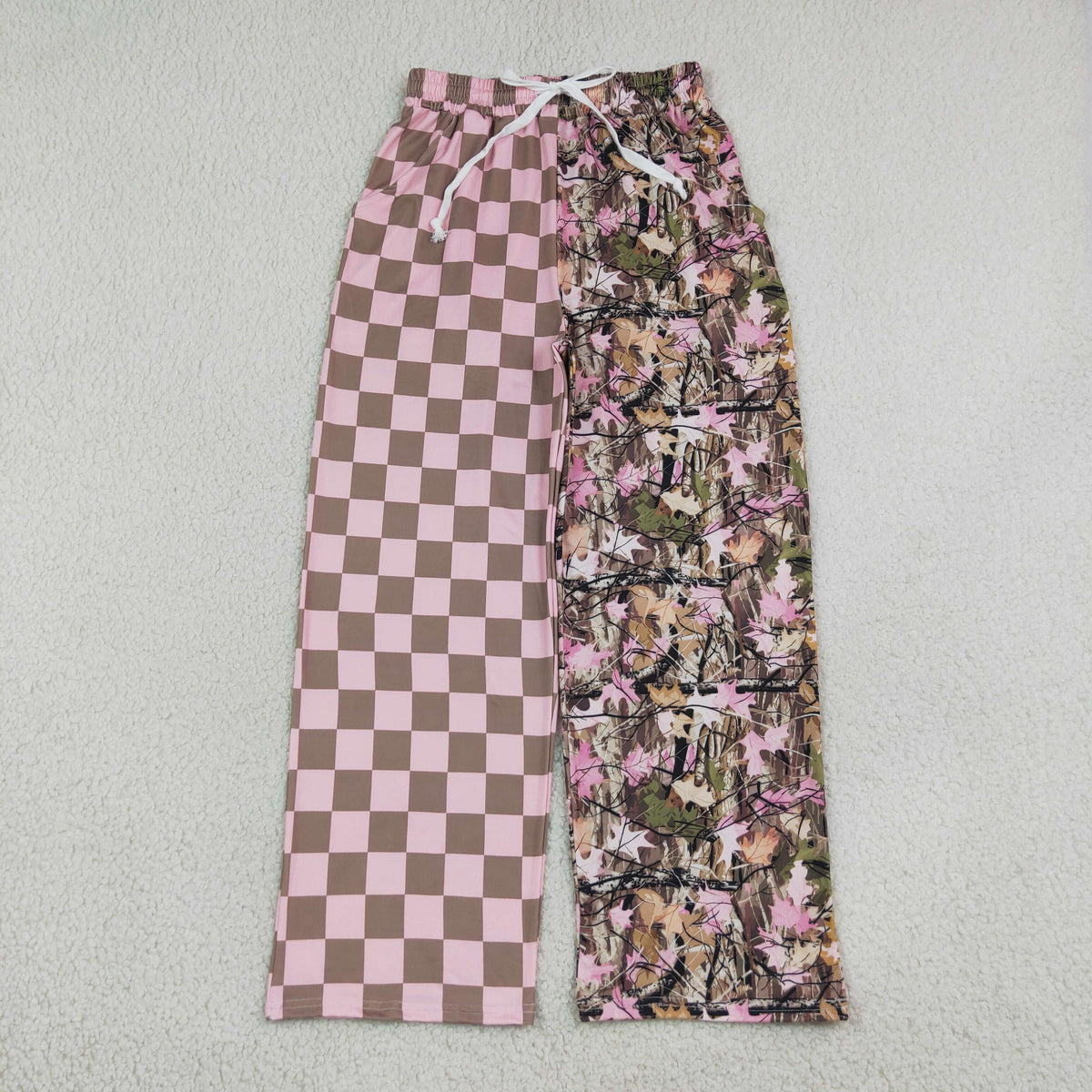 RTS NO MOQ （In stock）milk silk P1094 Adult Women Pink Checked Leaves Camo Flare Pants Bottom