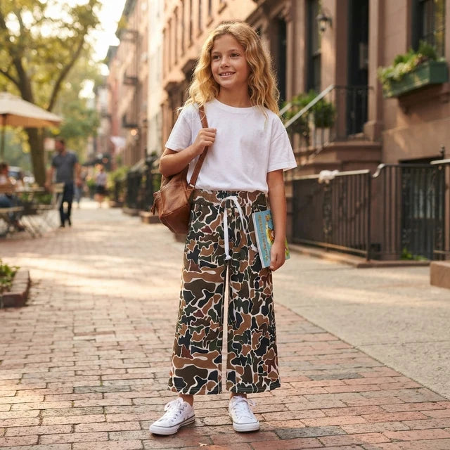 RTS NO MOQ （In stock）yoga fabric P1104 Yoga Baby Girls Dark Brown Camo Print Yoga Active Elastic Waist Pockets Flare Pants Bottom