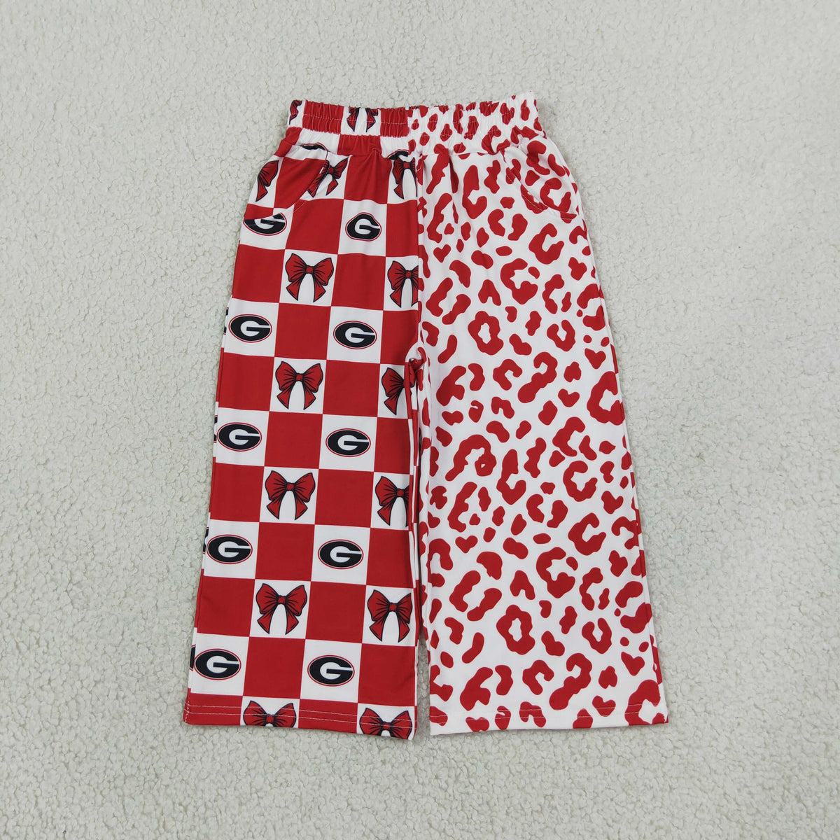 RTS NO MOQ （In stock）milk silk P1126 Baby Girls Bows Leopard Team Pockets Flare Pants Bottom