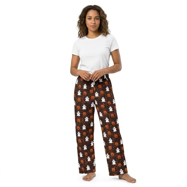 RTS NO MOQ （In stock）milk silk P1131 Adult Women Ghost Pumpkins Leopard Halloween Pockets Flare Pants Bottom