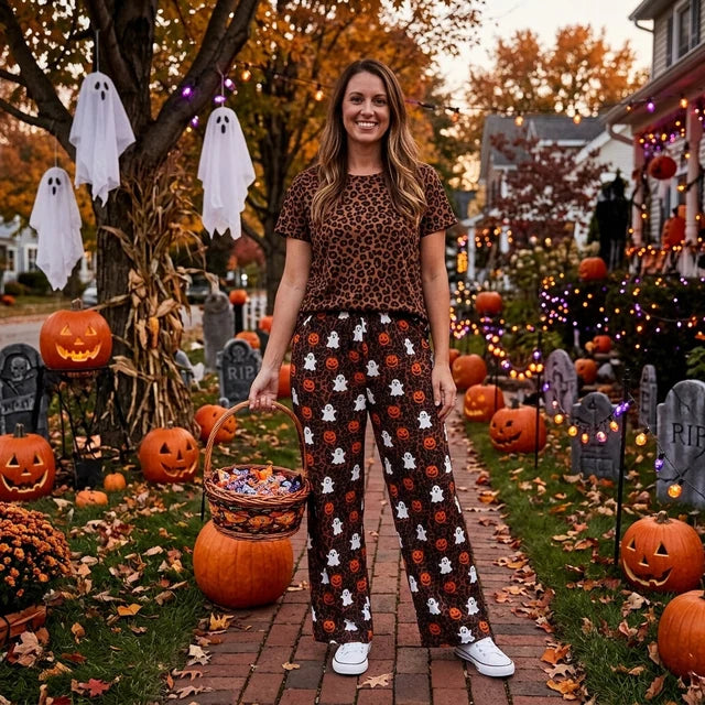 RTS NO MOQ （In stock）milk silk P1131 Adult Women Ghost Pumpkins Leopard Halloween Pockets Flare Pants Bottom