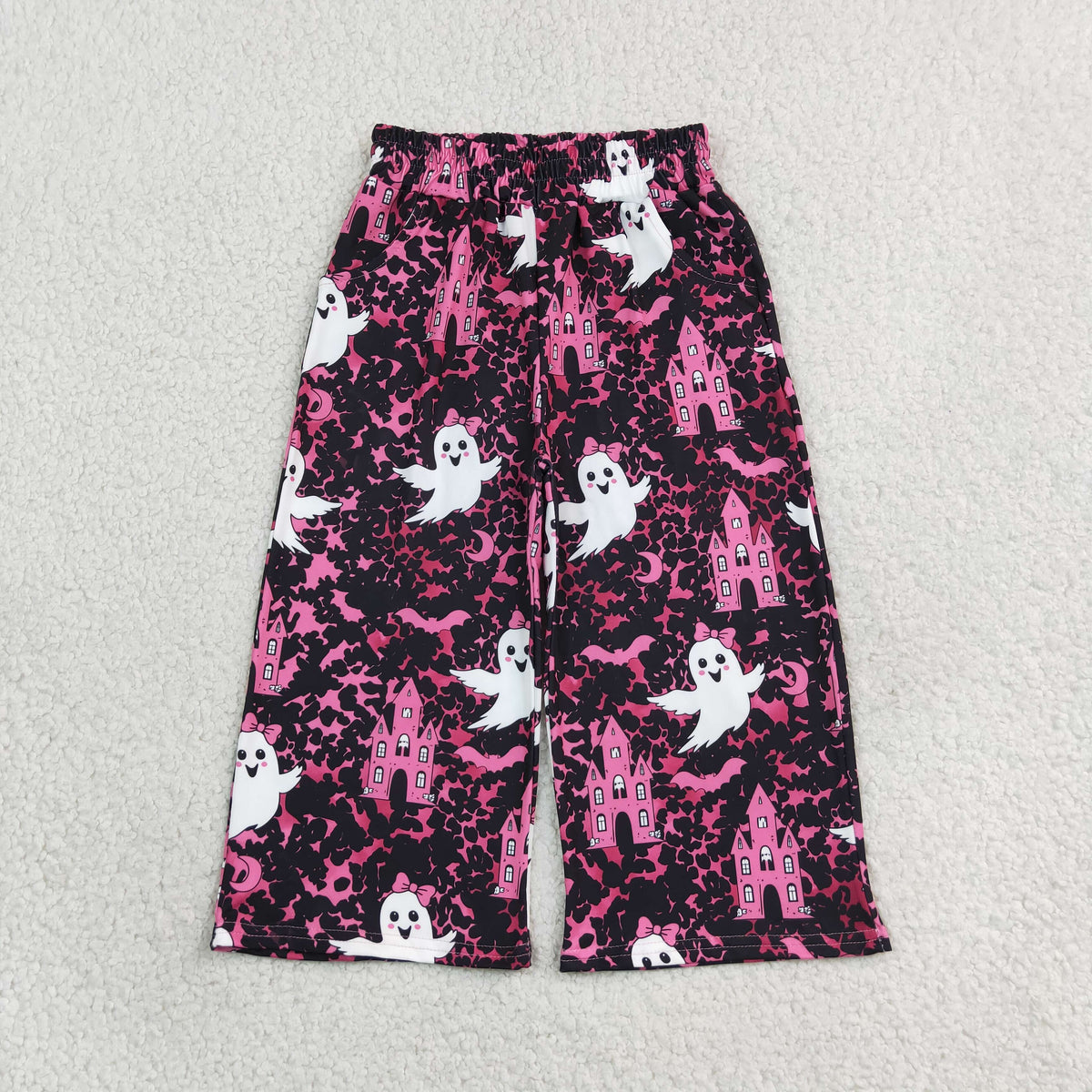 RTS NO MOQ Sibling milk silk Baby Kids Halloween Flare Pants Bow Bat Ghost Pumpkin Leopard Bell Bottom Trousers