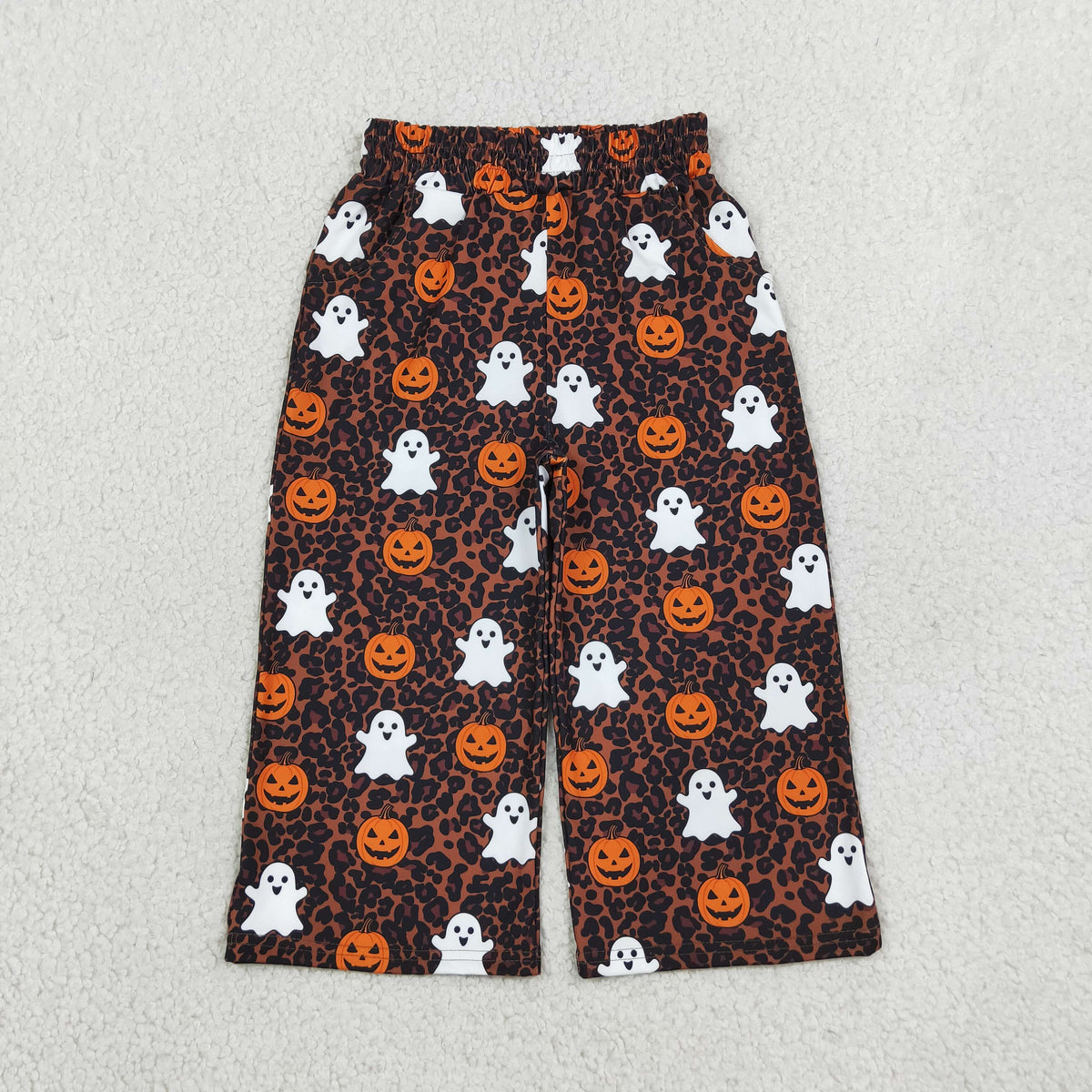 RTS NO MOQ （In stock）P1135 Baby Girls Ghosts Pumpkins Leopard Halloween Pockets Flare Pants Bottom