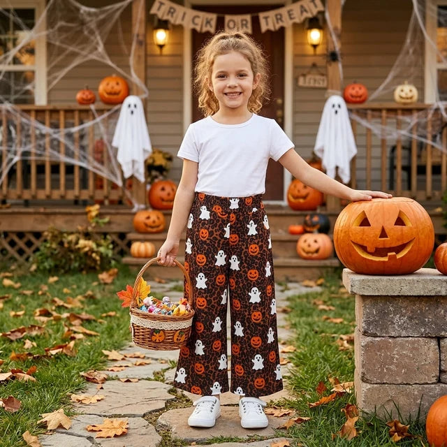 RTS NO MOQ （In stock）P1135 Baby Girls Ghosts Pumpkins Leopard Halloween Pockets Flare Pants Bottom