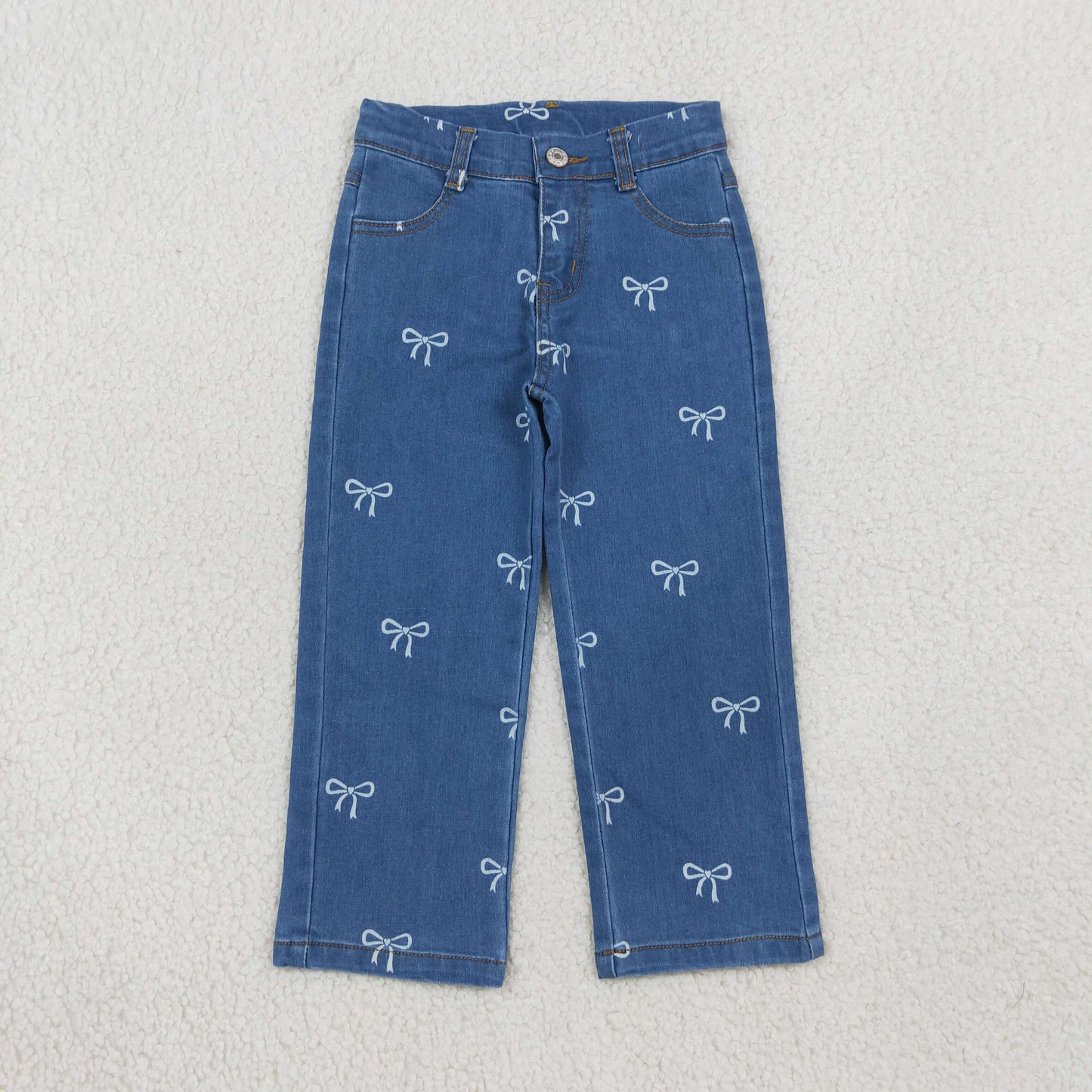 P1149 RTS NO MOQ （In stock）Baby Girls Blue Straight Leg Jeans With Cute Bow Casual Daily Wear Girls Denim Bottom Pants