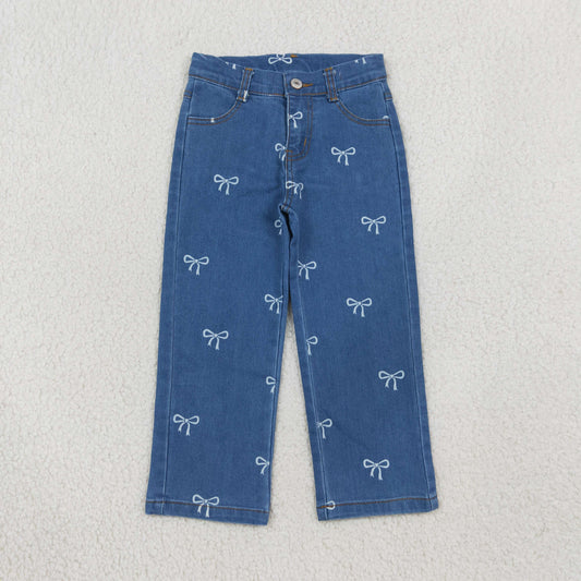 P1149 RTS NO MOQ （In stock）Baby Girls Blue Straight Leg Jeans With Cute Bow Casual Daily Wear Girls Denim Bottom Pants