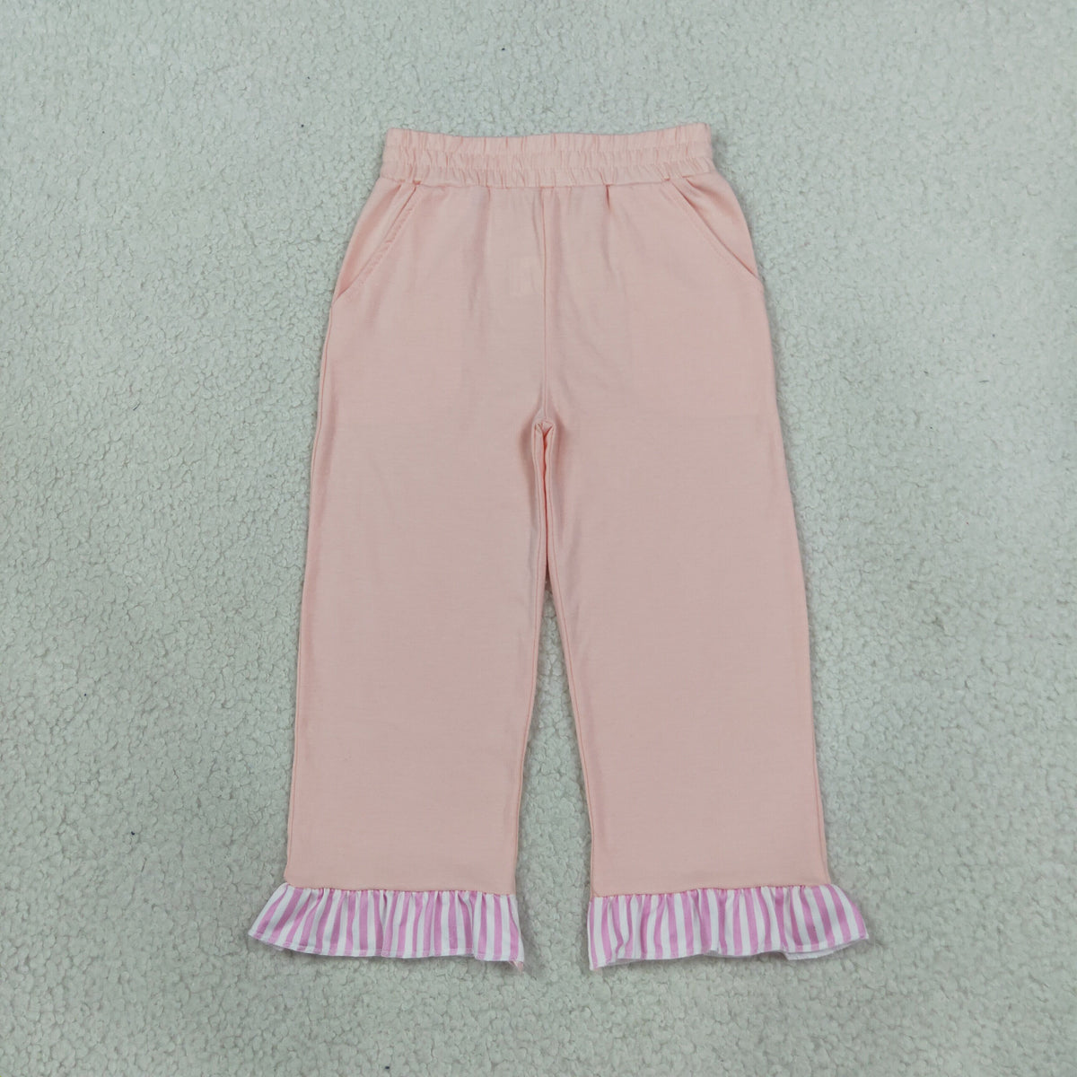 RTS NO MOQ （In stock）cotton P1151 Baby Girls Light Pink Stripe Pockets Ruffle Pants Bottom