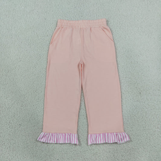 RTS NO MOQ （In stock）cotton P1151 Baby Girls Light Pink Stripe Pockets Ruffle Pants Bottom