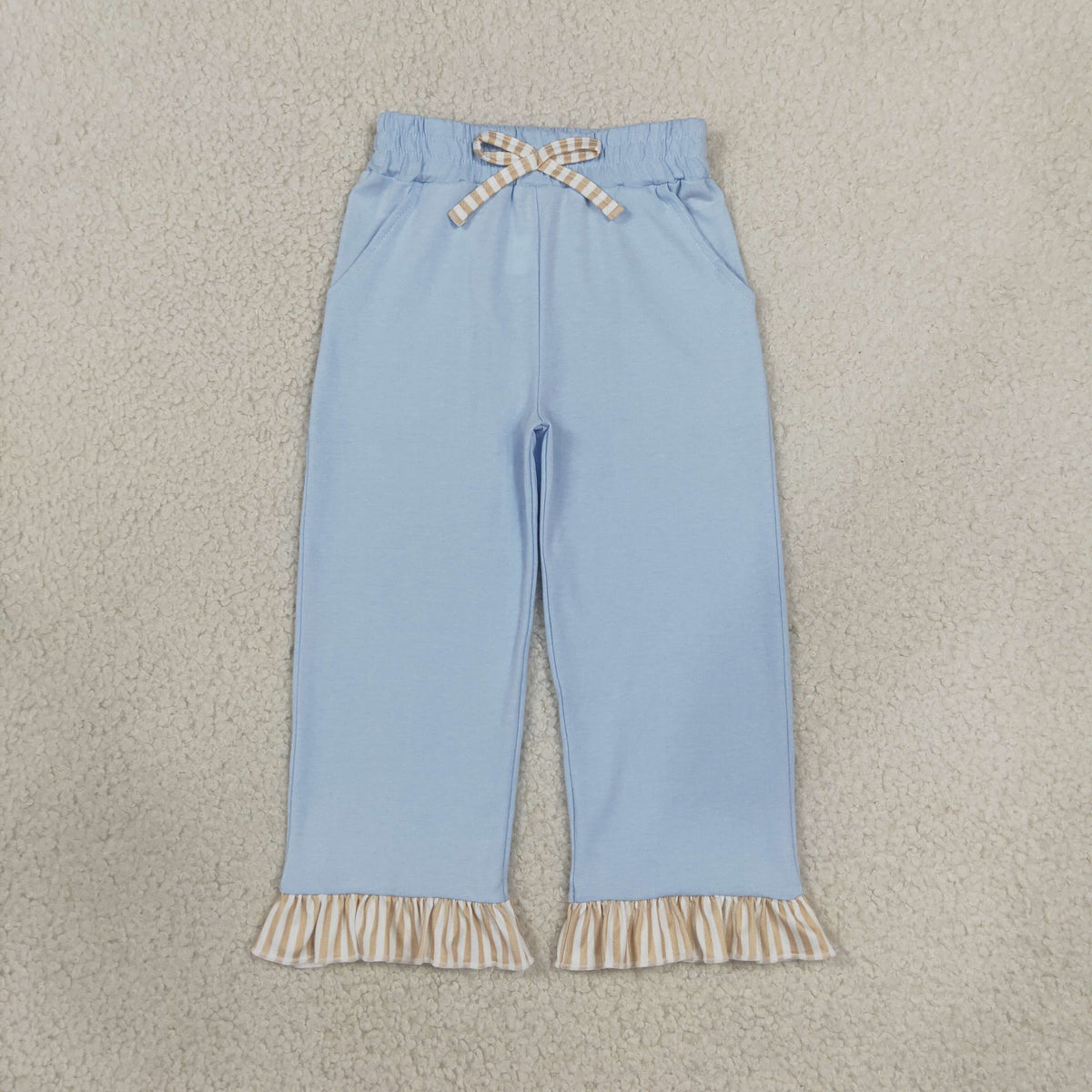 RTS NO MOQ （In stock）cotton P1152 Baby Girls Light Blue Pants With Cute Bows Pockets Ruffle Casual Bottom