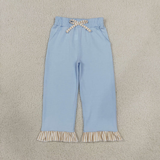 RTS NO MOQ （In stock）cotton P1152 Baby Girls Light Blue Pants With Cute Bows Pockets Ruffle Casual Bottom