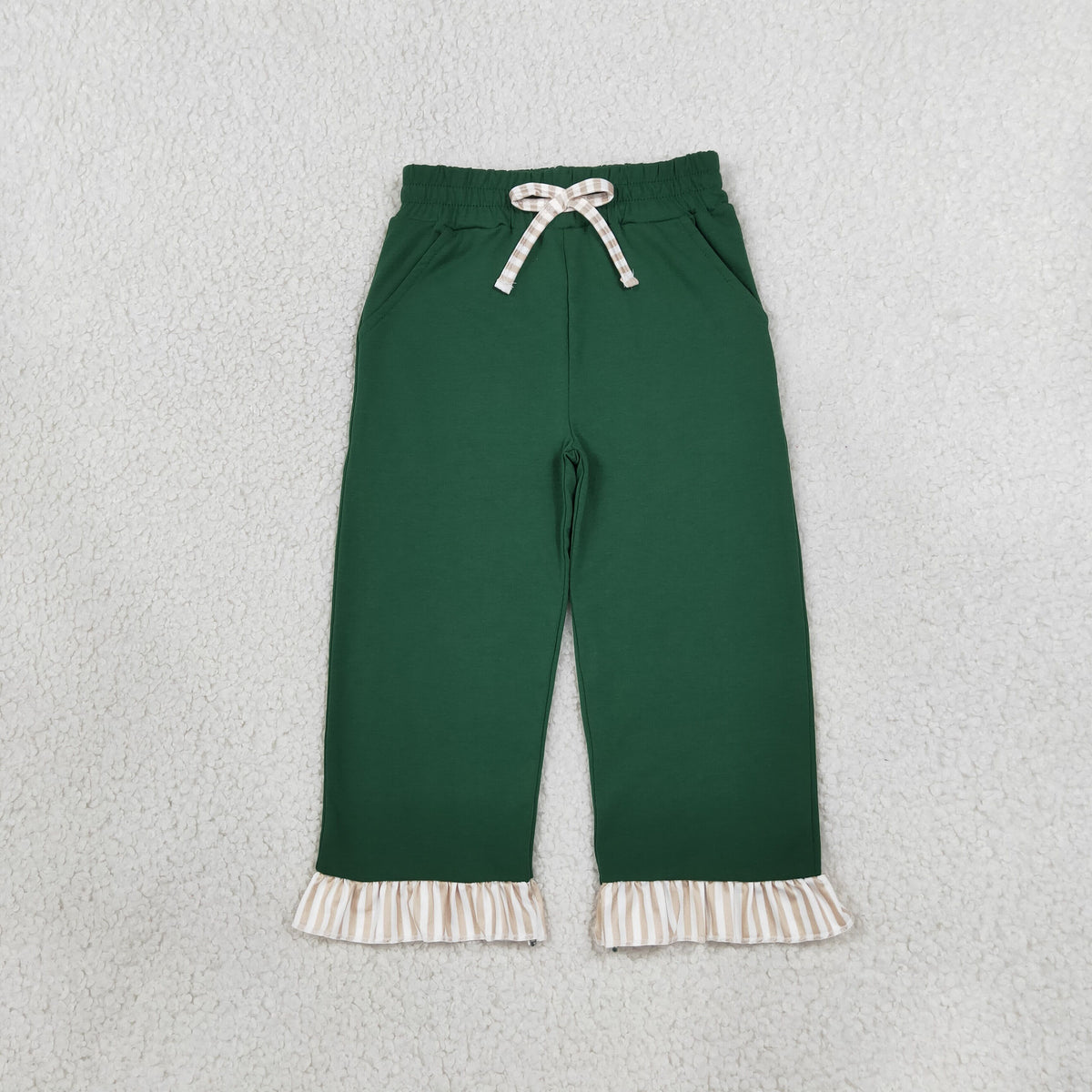 RTS NO MOQ （In stock）cotton P1154 Baby Girls Solid Green Ruffle Pants With Cute Bows And Side Pockets Bottom