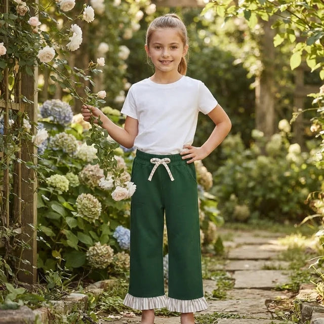 RTS NO MOQ （In stock）cotton P1154 Baby Girls Solid Green Ruffle Pants With Cute Bows And Side Pockets Bottom