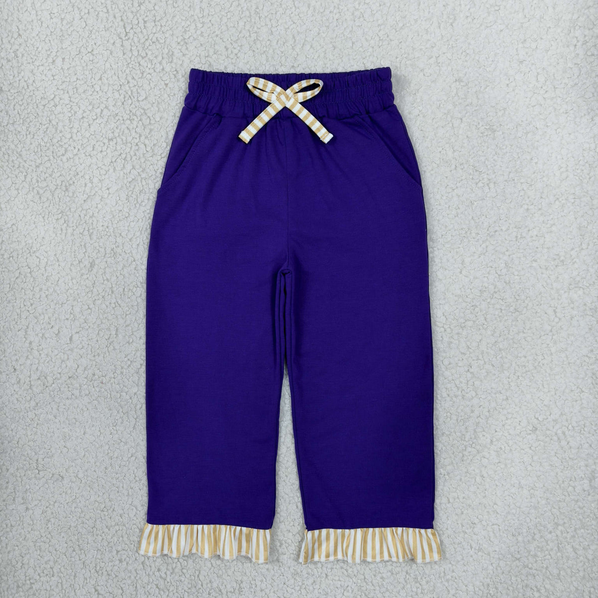RTS NO MOQ （In stock）cotton P1155 Baby Girls Purple Khaki Pants With Bows Pockets Ruffle Casual Bottom