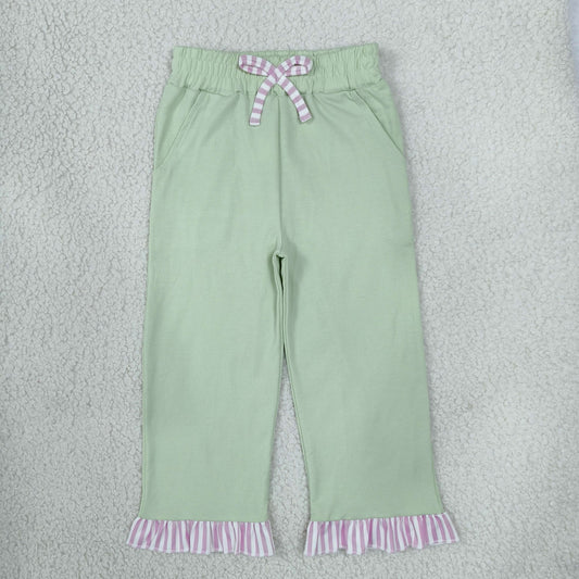 RTS NO MOQ （In stock）cotton P1156 Baby Girls Light Green Pants With Bows Pockets Ruffle Casual Bottom