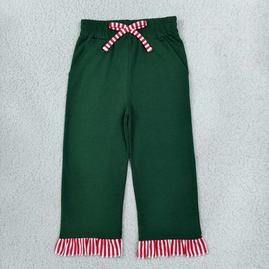 RTS NO MOQ （In stock）cotton P1158 Baby Girls Green Pants With Cute Bows Pockets Ruffle Casual Bottom