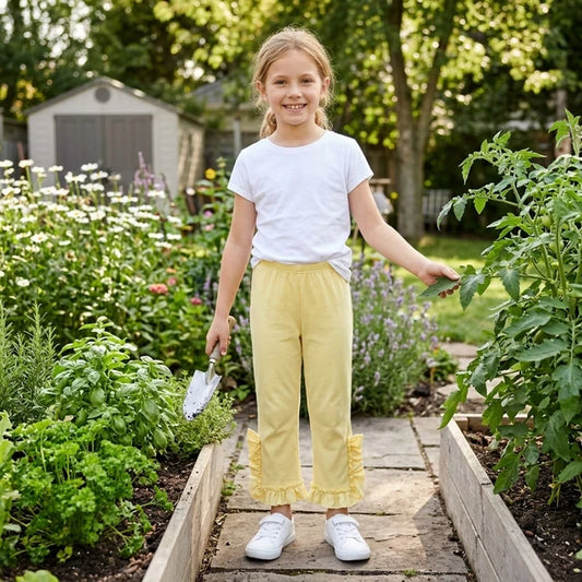 RTS NO MOQ （In stock）cotton P1163 Baby Girls Yellow Ruffle Flare Pants Cute Bottom