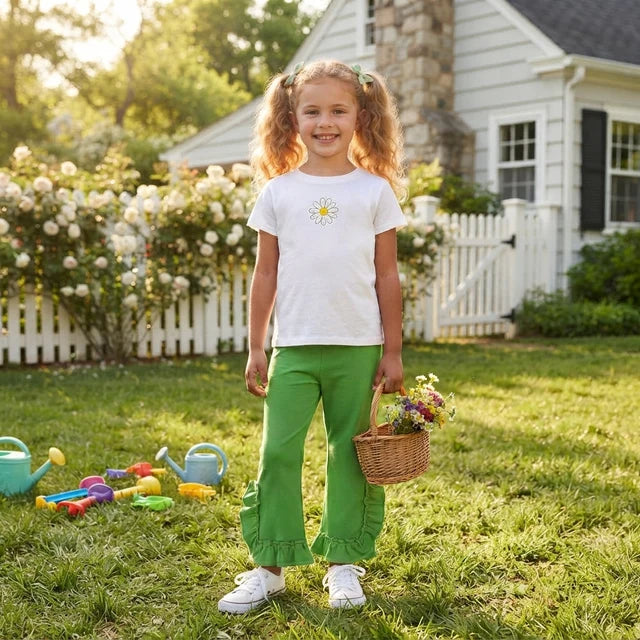 RTS NO MOQ （In stock）cotton P1165 Baby Girls Green Ruffle Flare Pants Bottom Fall Casual Flared Bottom
