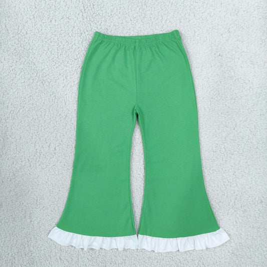 RTS NO MOQ （In stock）cotton P1168 Baby Girls Green White Ruffle Hem Flare Bottom Pants