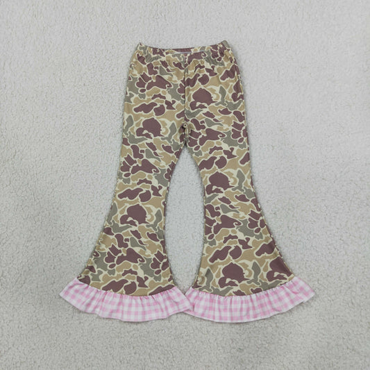 RTS NO MOQ （In stock）milk silk P1183 Baby Girls Khaki Camo Ruffle Flare Pants Casual Checked Flared Bottom