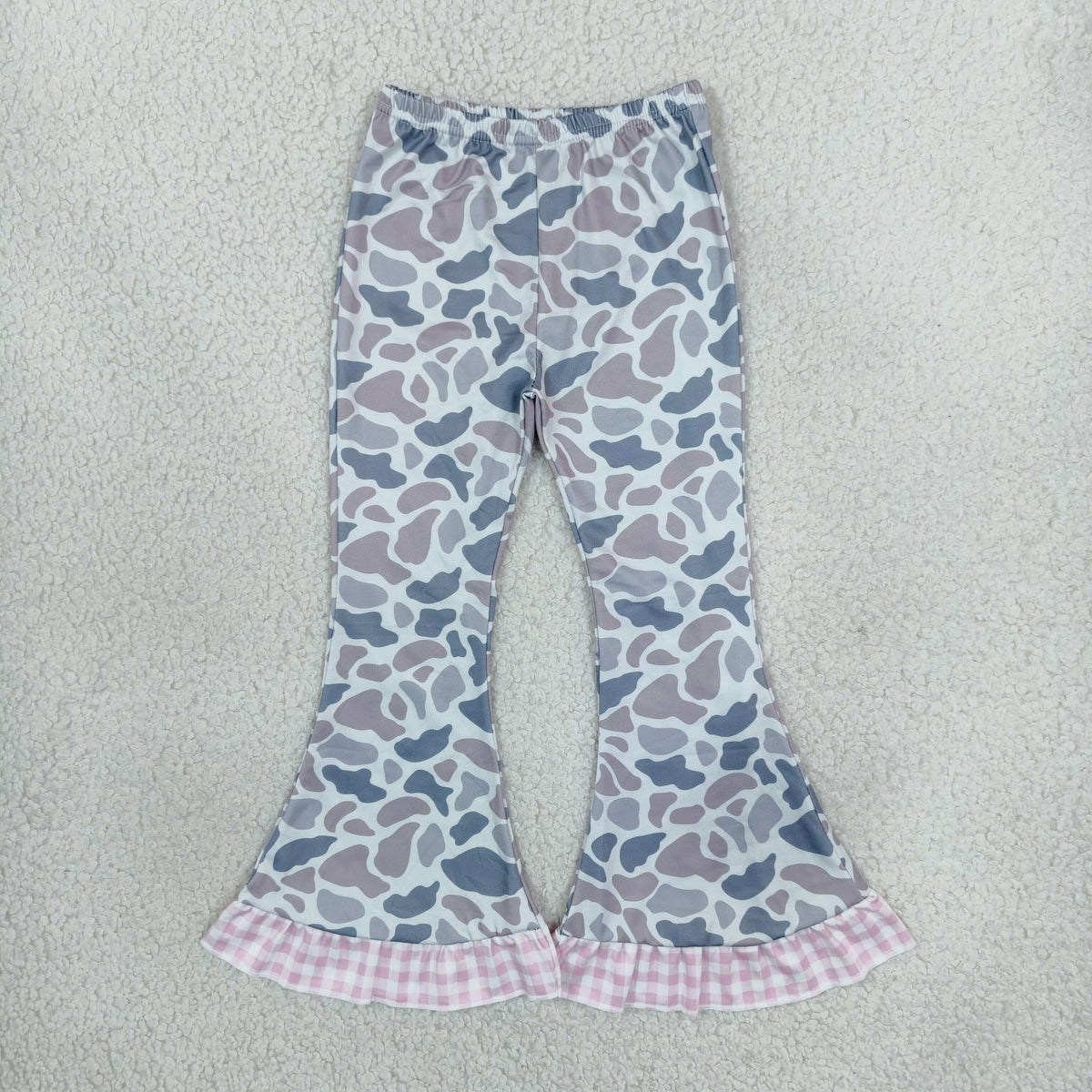 RTS NO MOQ （In stock）milk silk P1185 Baby Girls Camo Ruffle Flare Pants Casual Pink Checked Flared Bottom