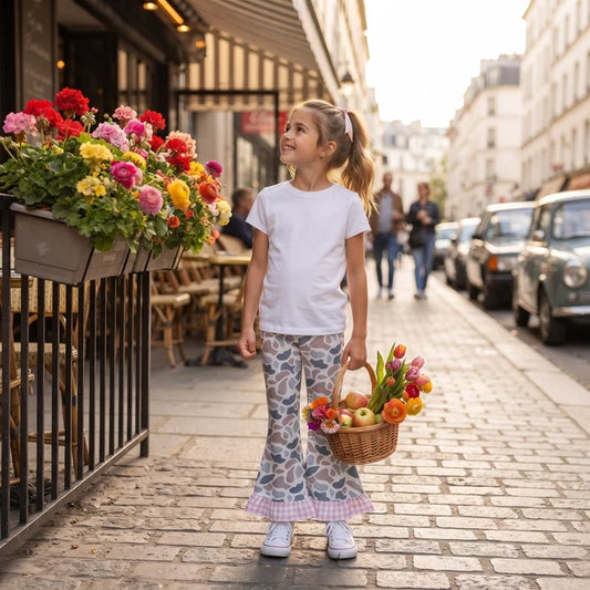 RTS NO MOQ （In stock）milk silk P1185 Baby Girls Camo Ruffle Flare Pants Casual Pink Checked Flared Bottom