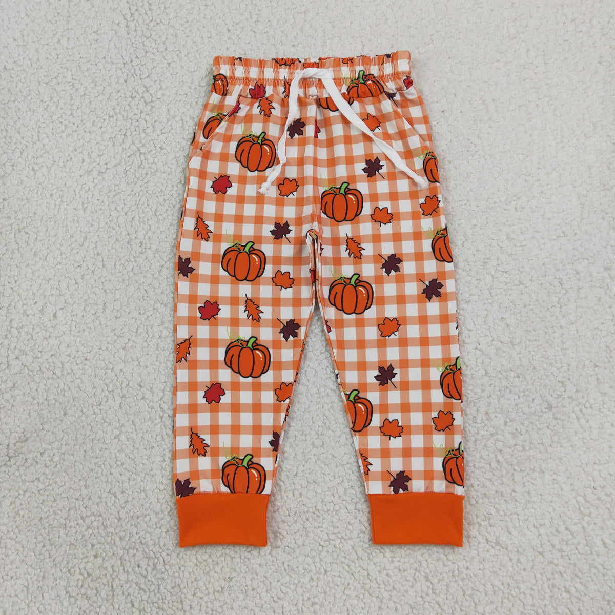 RTS NO MOQ （In stock）P1198 Baby Boys Leaves Pumpkins Checked Fall Pockets Joggers Bottom