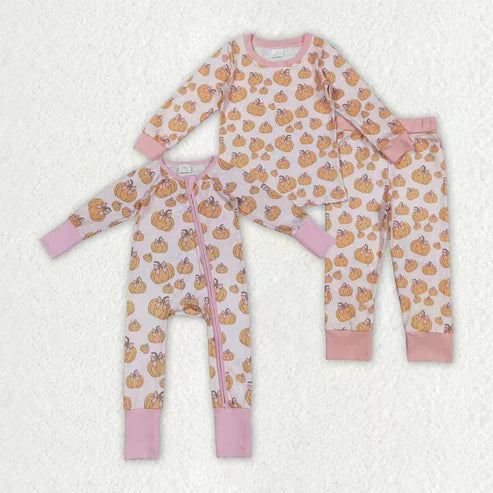 9.29 RTS Sibling Baby Girls Pink Bows Pumpkins Rompers Pajamas Sets
