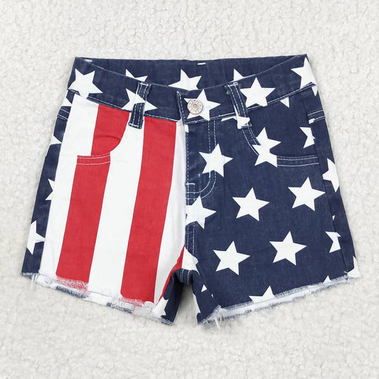 SS0168 Boys Red and white striped star blue patchwork denim shorts