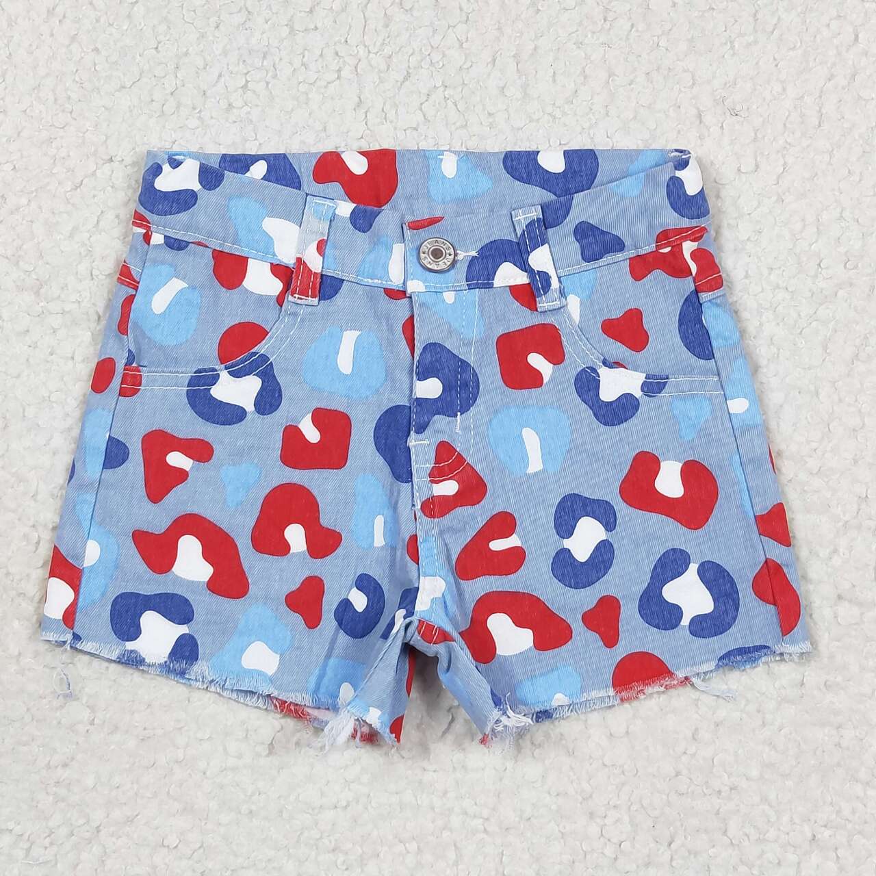 SS0166 Boys Red and blue leopard print denim shorts