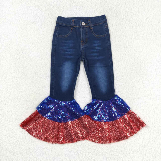 P0430 Boys Red and blue sequined dark blue denim trousers