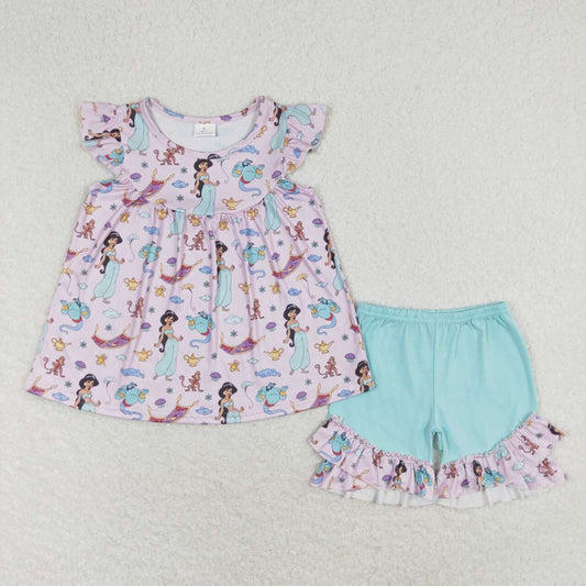 GSSO0912 Kids Girls summer clothes  flying sleeves top with shorts set