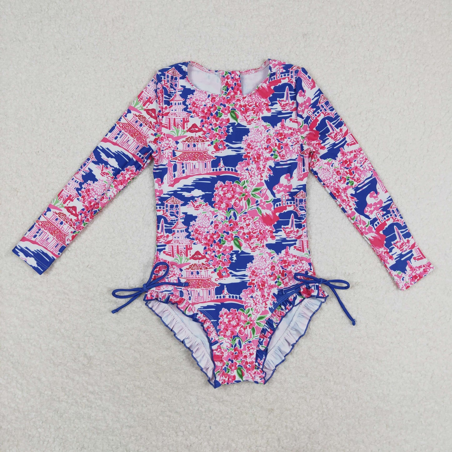 S0376 Kids Girls summer clothes  long sleeves top with one-piece swimsuit