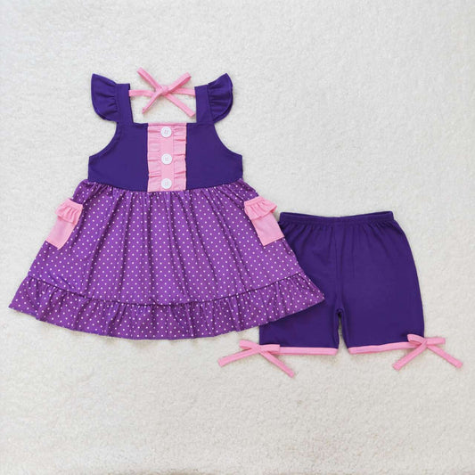 GSSO0965 Kids Girls summer clothes flying sleeves top with shorts set