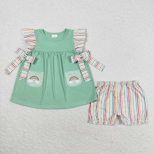 GSSO0596  Kids Girls summer clothes  flying sleeves top with shorts set