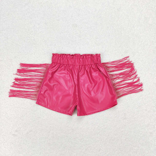 SS0223  Kids Girls summer rose red shiny leather tassel shorts