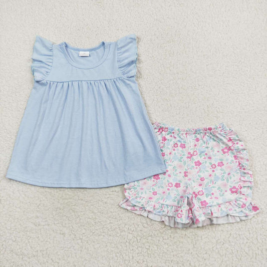 GSSO1056  Kids Girls summer clothes fiying  sleeves top with shorts set
