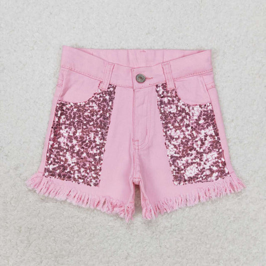 SS0230  Pink Sequin Denim Shorts