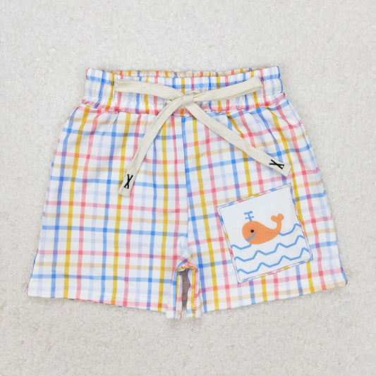 S0400  Boys whale blue and yellow plaid swimming trunks