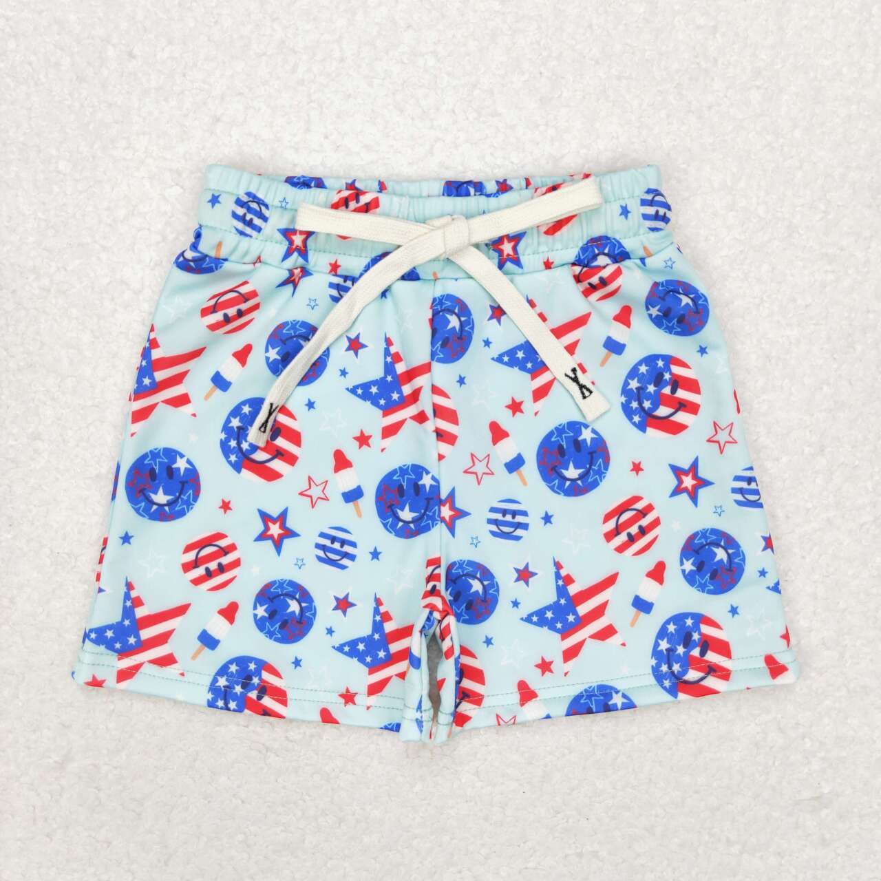 S0434  Boys National Day smiley face stars and stripes popsicle blue swimming trunks